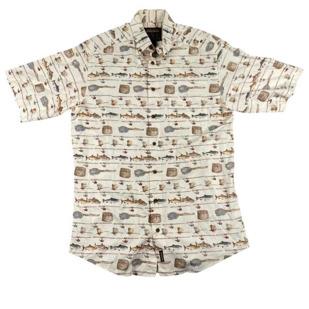 Woolrich Shirt Mens Large Beige John Rich and Bros Fishing Print Short Sleeve‎